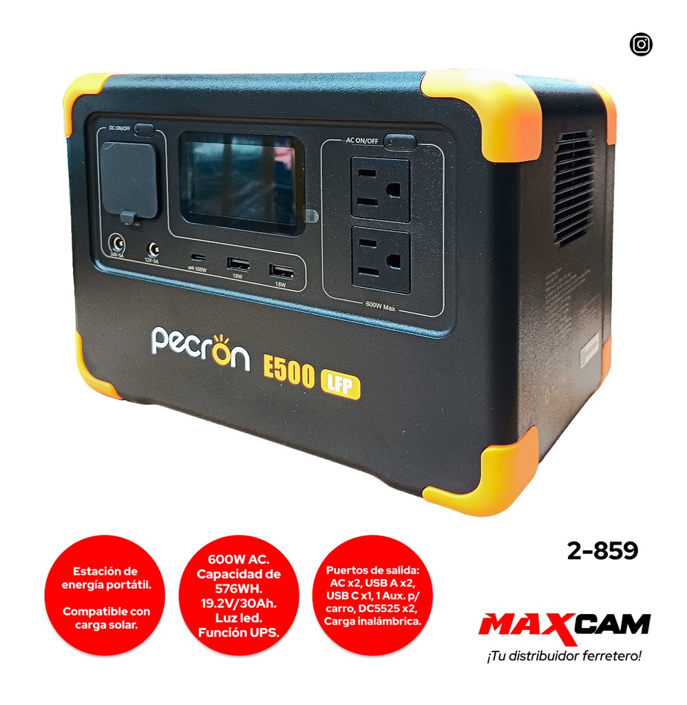 GENERADOR ENERGIA PORTATIL 600W AC PECRON 2-859