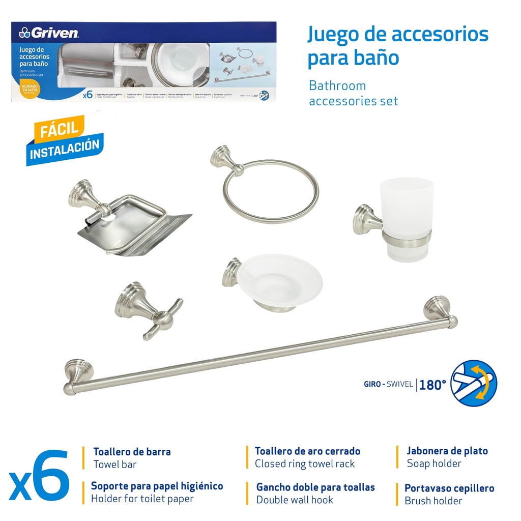 JUEGO DE ACCESORIO PARA BAÑO GRIVEN 10-789