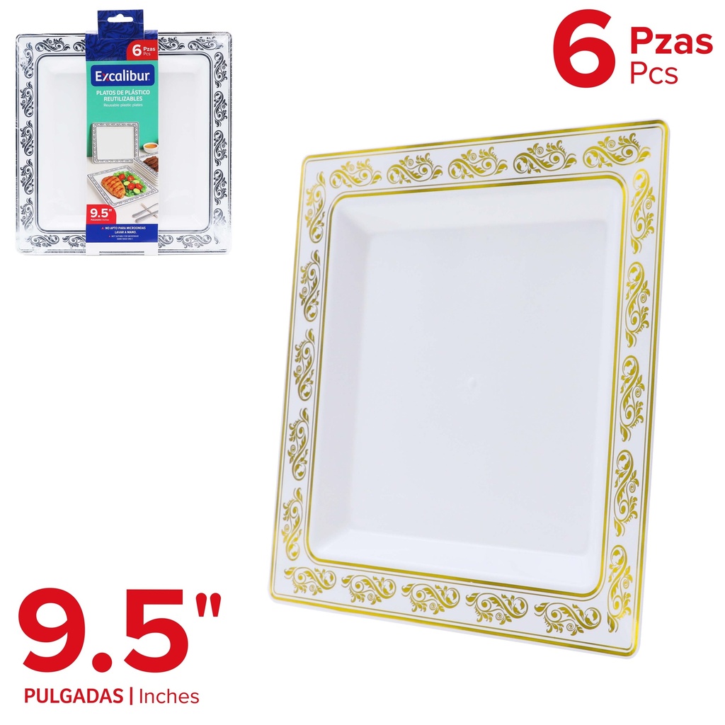 PLATO CUADRADO PLAST 9.5" x 6 PCS EXCALIBUR 10-515