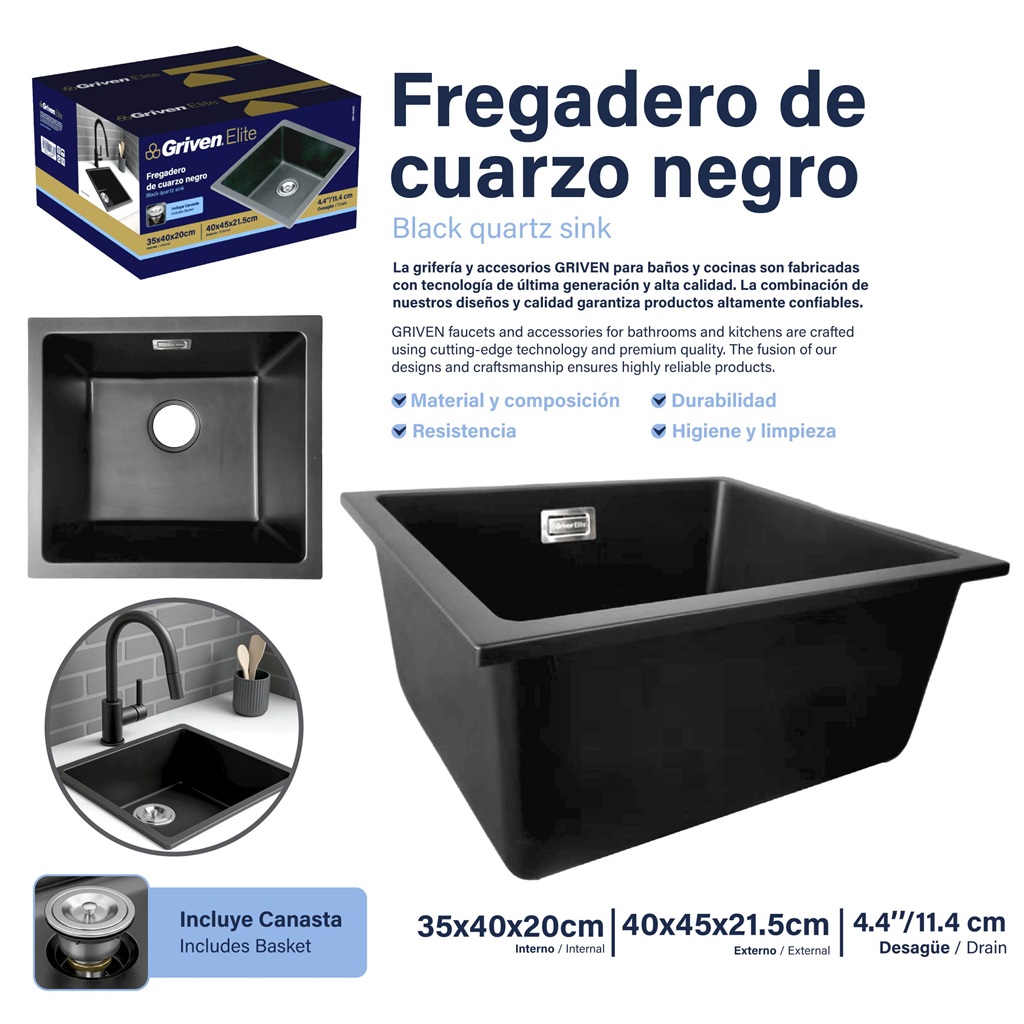FREGADERO DE QUARZO NEGRO 40x45x21.5 CM GRIVEN 11-020