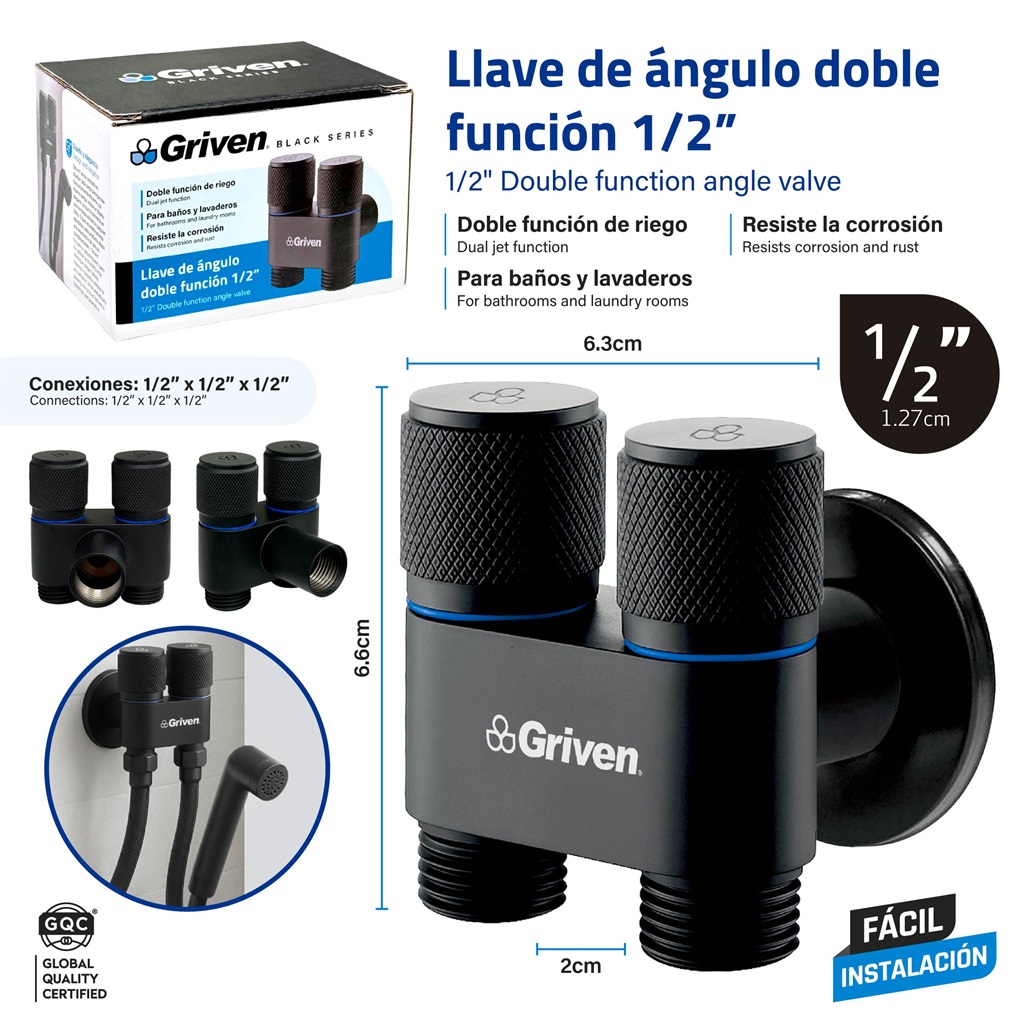 LLAVE ARRESTO DOBLE 1/2" x 1/2" GRIVEN BLACK 11-141