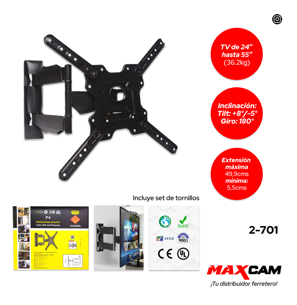 SOPORTE PARA TV MOVIBLE 24-55" PICKENS 2-701