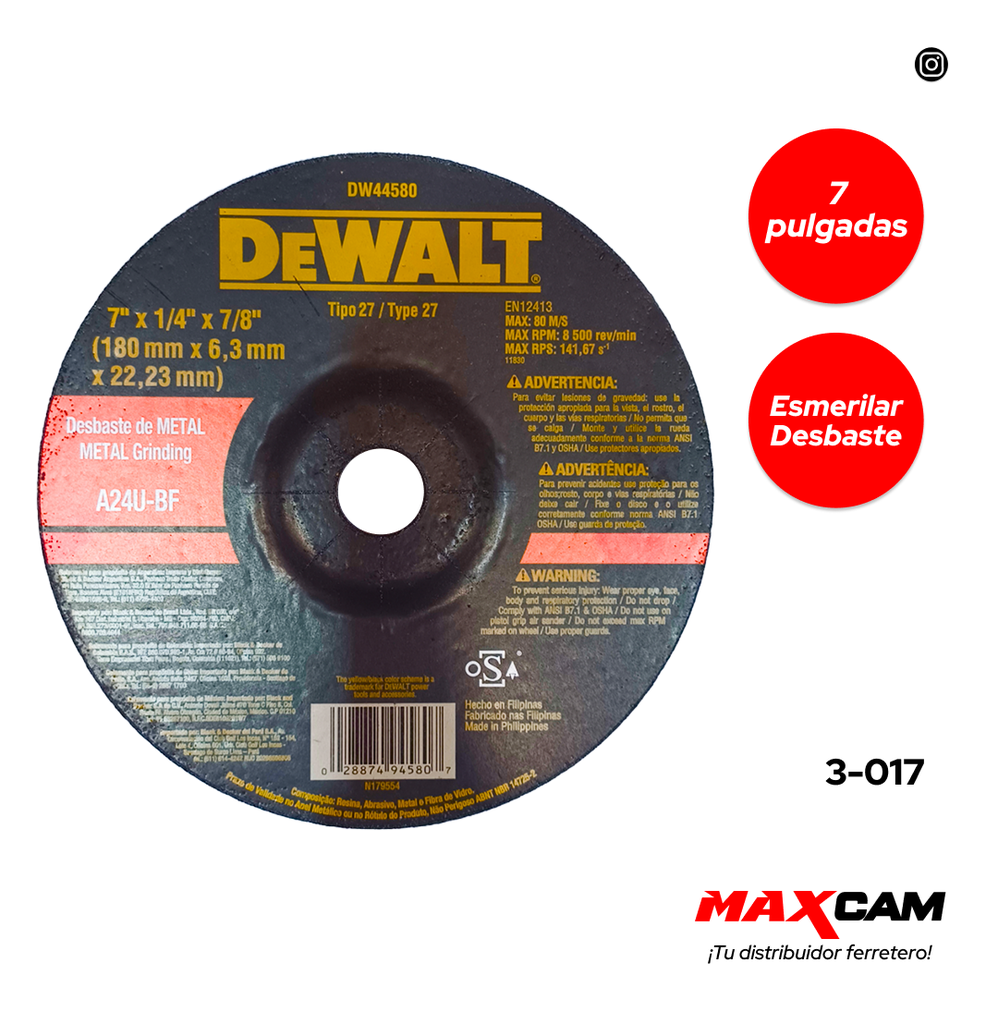 DISCO ESMERILAR O DESBASTE x 7" DEWALT 3-017
