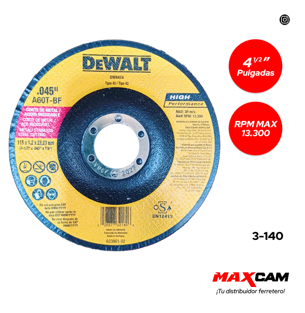 DISCO C/METAL FINO x 4 1/2 DEWALT 3-140