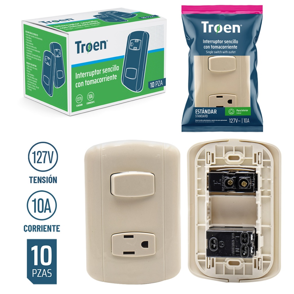 INTERRUPTOR SENCILLO+TOMA TROEN TIPO BTICINO 3-237
