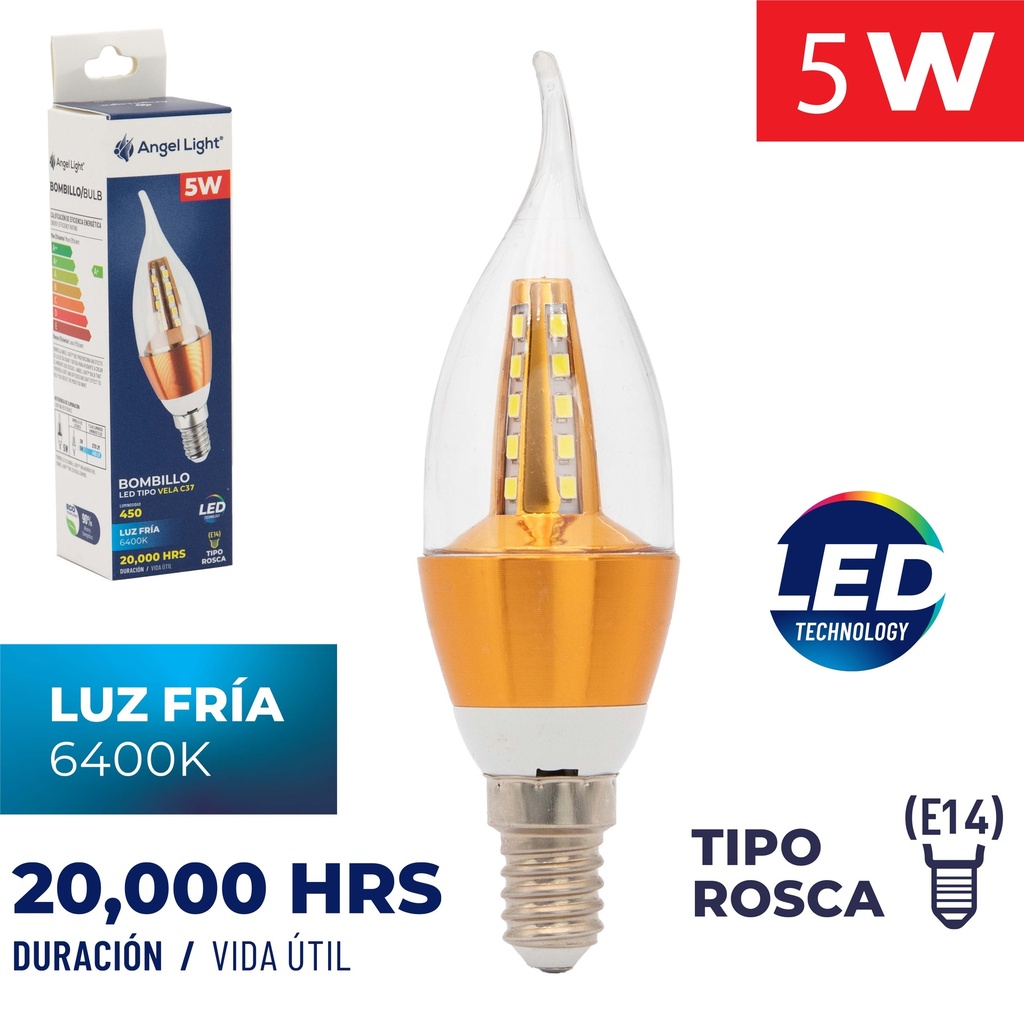 BOMBILLO VELA LED 5W ROSCA E14 85-265V 3-570