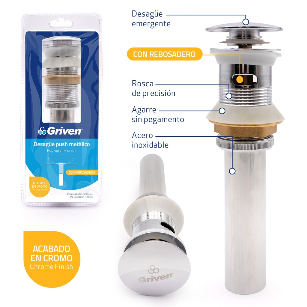 DESAGUE LAV METALICO PUSH CON REBOSADERO GRIVEN 4-010