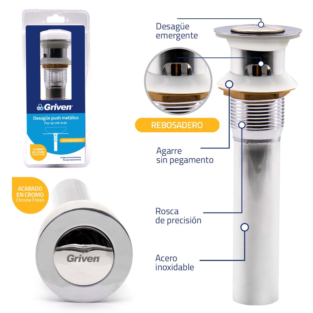 DESAGUE LAVAMANO PUSH PEQ METAL C/REB GRIVEN 4-011