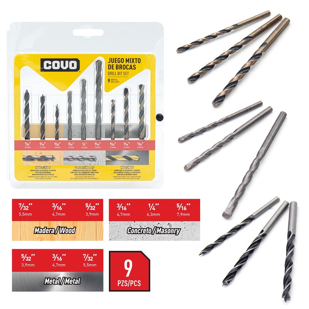 JUEGO MECHAS 9 PCS MADERA/METAL/CONCRETO COVO 4-216