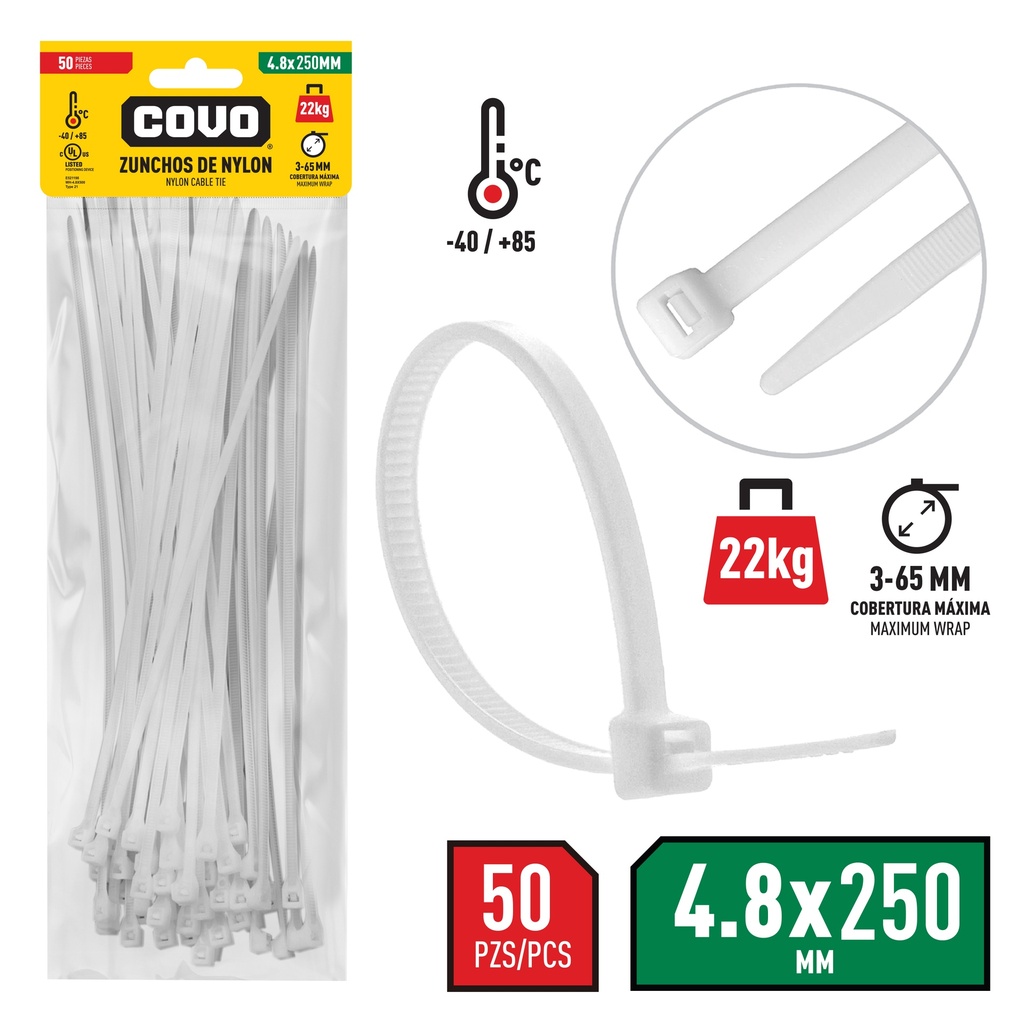 TIRRAP 4.8mm x 250mm x 100 UNID BLANCO COVO 4-357