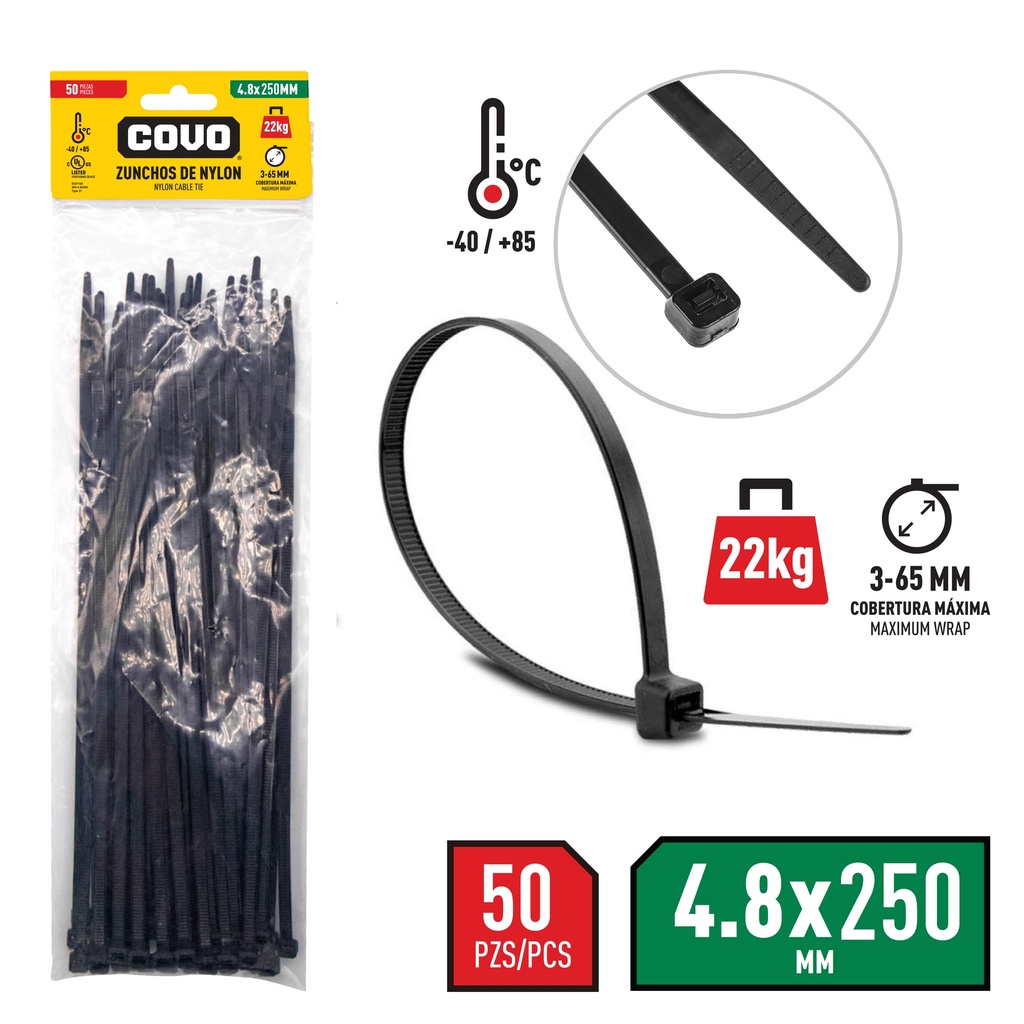 TIRRAP 4.8mm x 250mm x 100 UNID NEGRO COVO 4-358