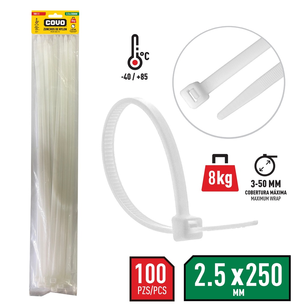 TIRRAP 2.5mm x 200mm x 100 UNID BLANCO COVO 4-359