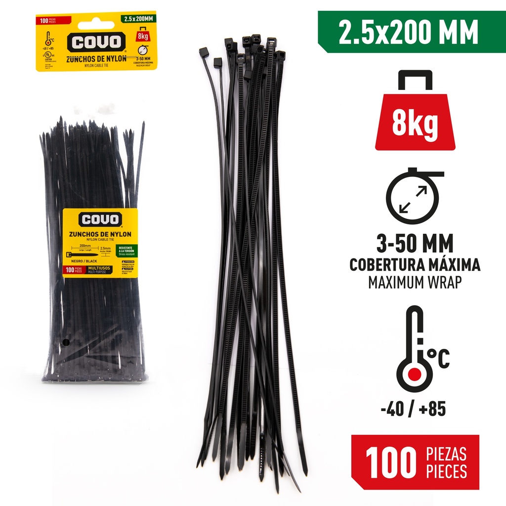 TIRRAP 2.5mm x 200mm x 100 UNID NEGRO COVO 4-360