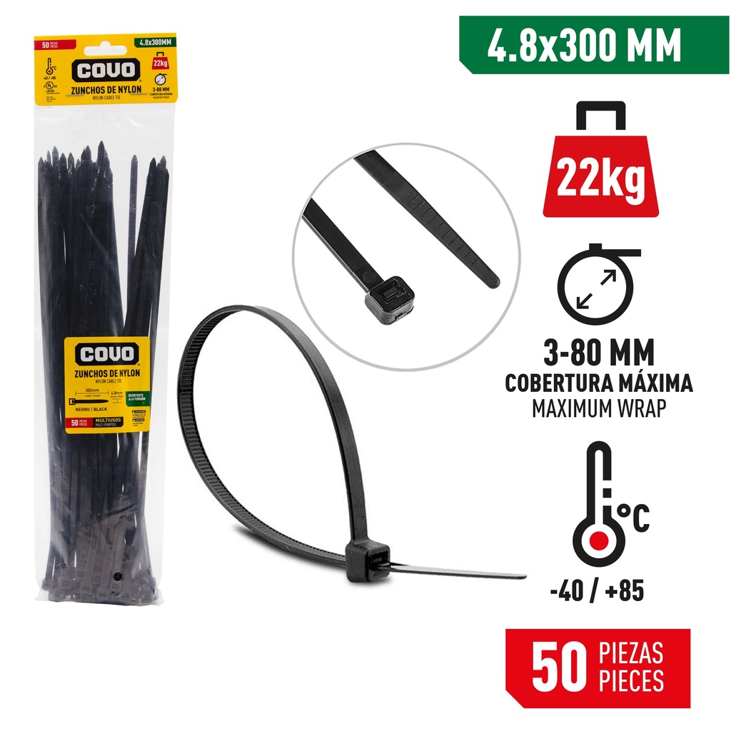TIRRAP 4.8mm x 300mm x 100 UNID NEGRO COVO 4-364