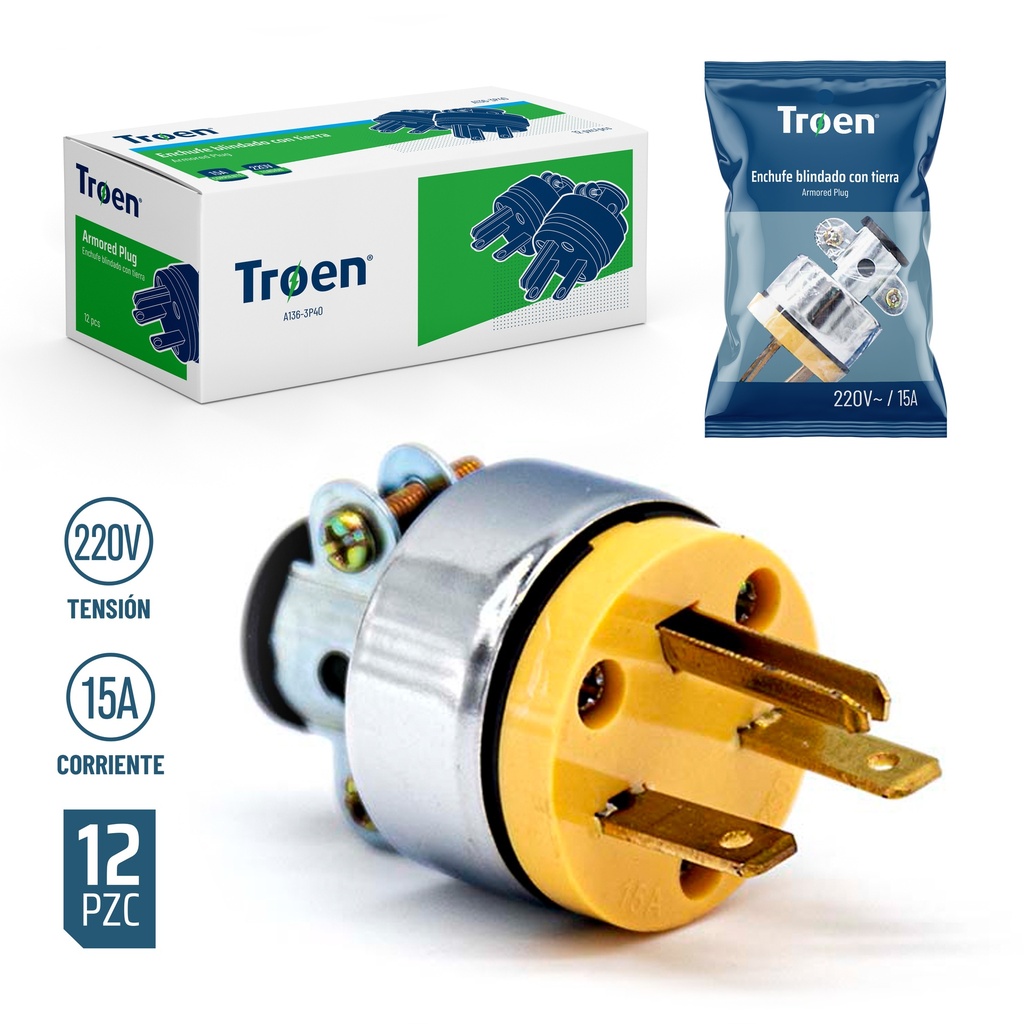 ENCHUFE AMARILLO METAL VINIL CHINO 2P+T TROEN 4-383