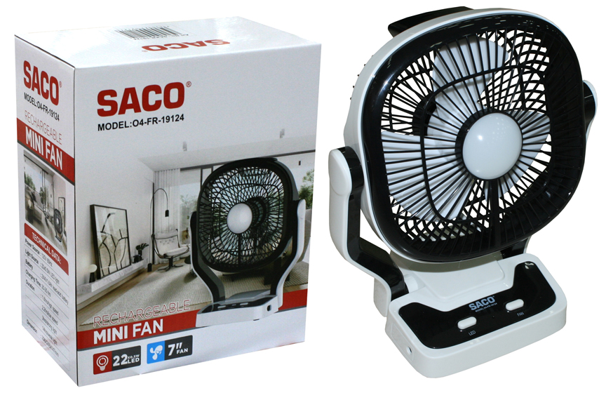 VENTILADOR RECARGABLE 7" CON LUZ SACO 4-396
