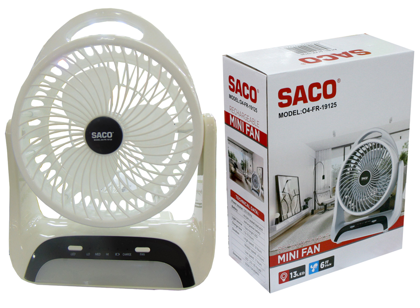 VENTILADOR RECARGABLE 6" CON LUZ SACO 4-397