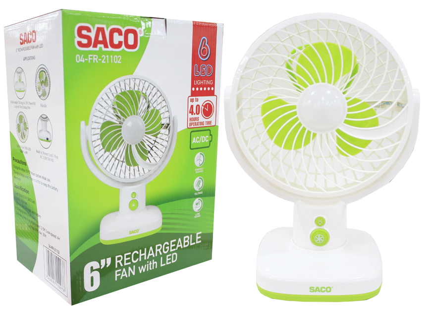VENTILADOR RECARGABLE 6" CON LUZ SACO 4-399