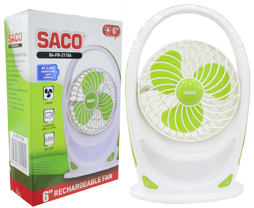 VENTILADOR RECARGABLE 6" CON LUZ SACO 4-401