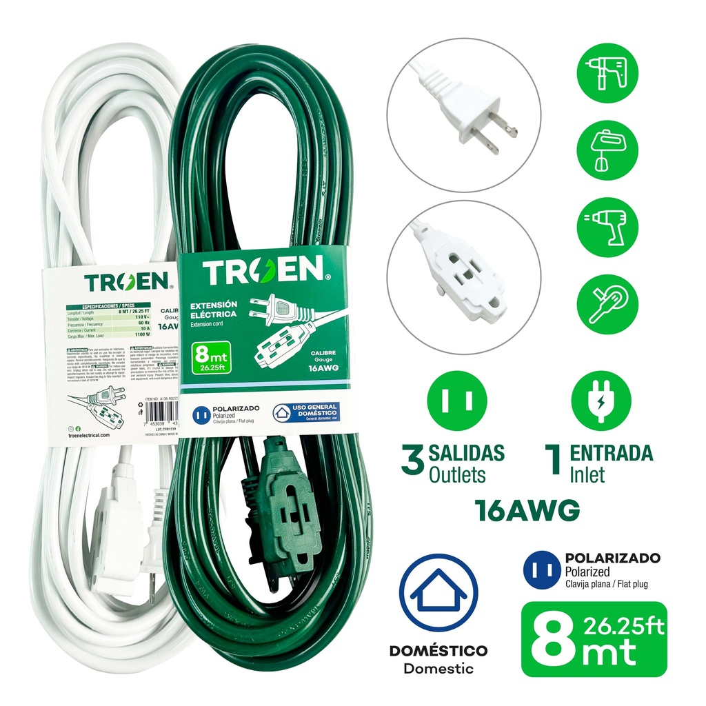 EXTENSION ELECTRICA 2x16  8MTS TROEN 4-615