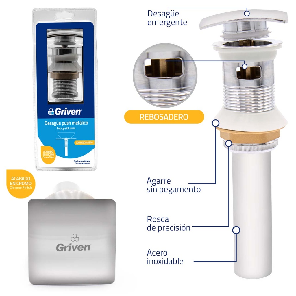 DESAGUE LAV PUSH METAL CUADRADO CON REBOSADERO GRIVEN 4-657