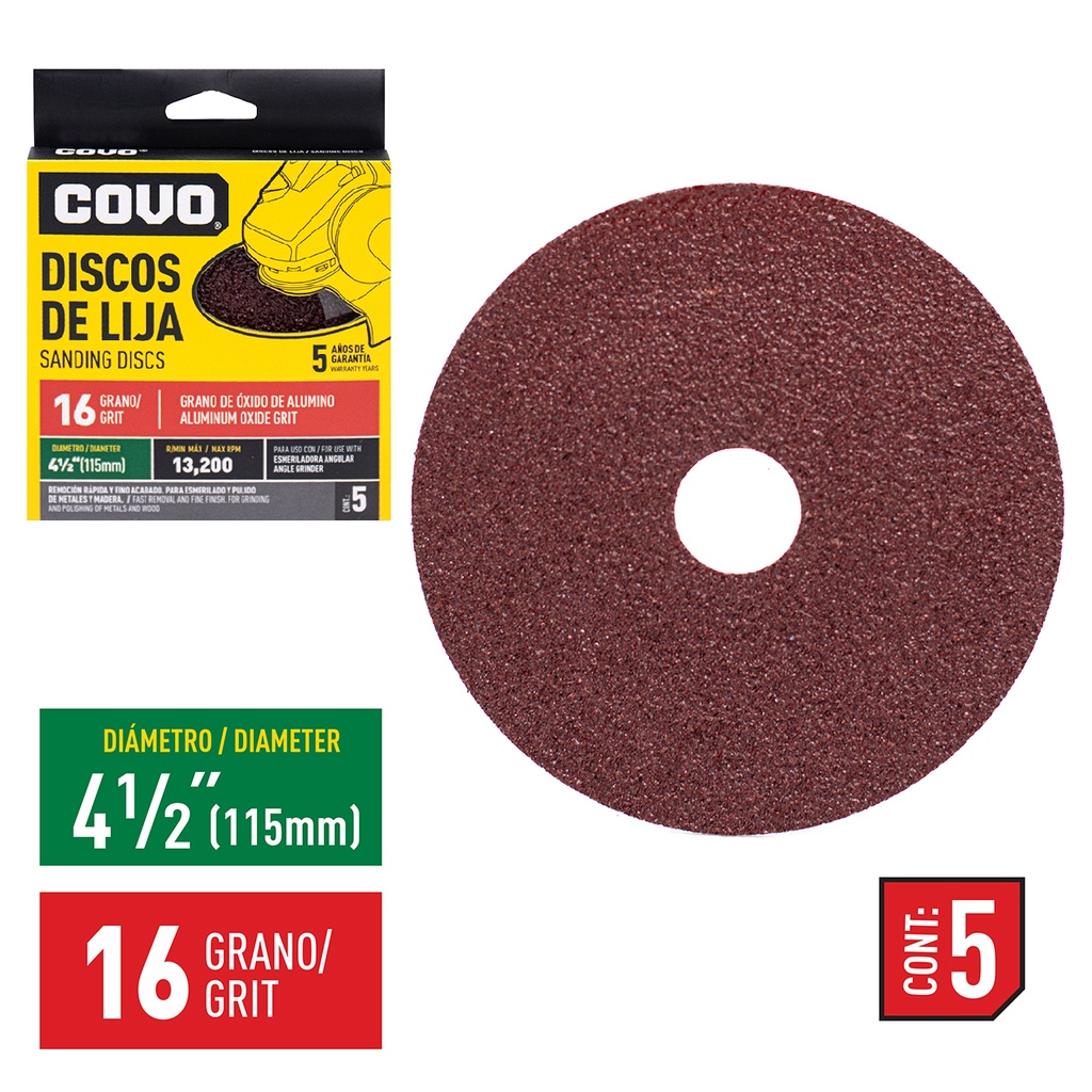 DISCO DE LIJA 4-1/2" GRANO 16 x 5 UNID  COVO 4-748