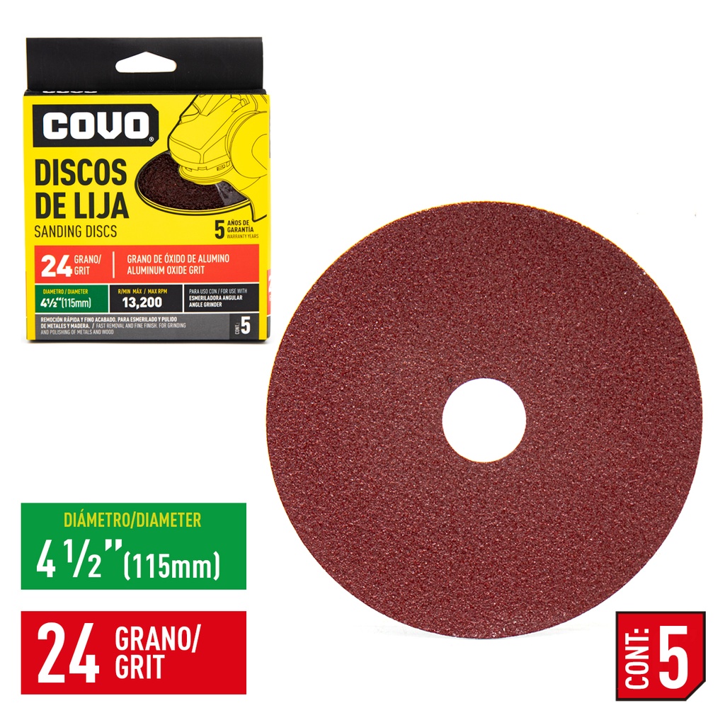 DISCO DE LIJA 4-1/2" GRANO 24 x 5 UNID COVO 4-749