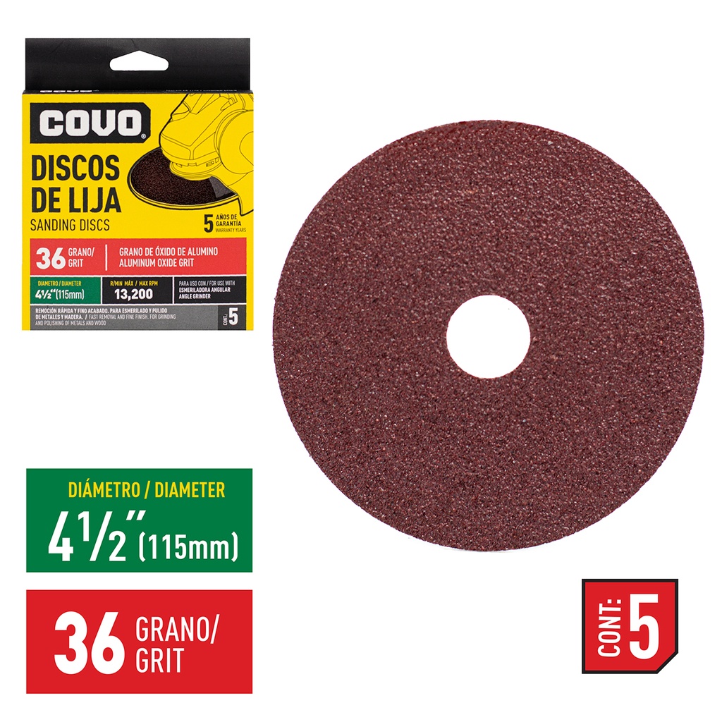 DISCO DE LIJA 4-1/2" GRANO 36 x 5 UNID  COVO 4-750