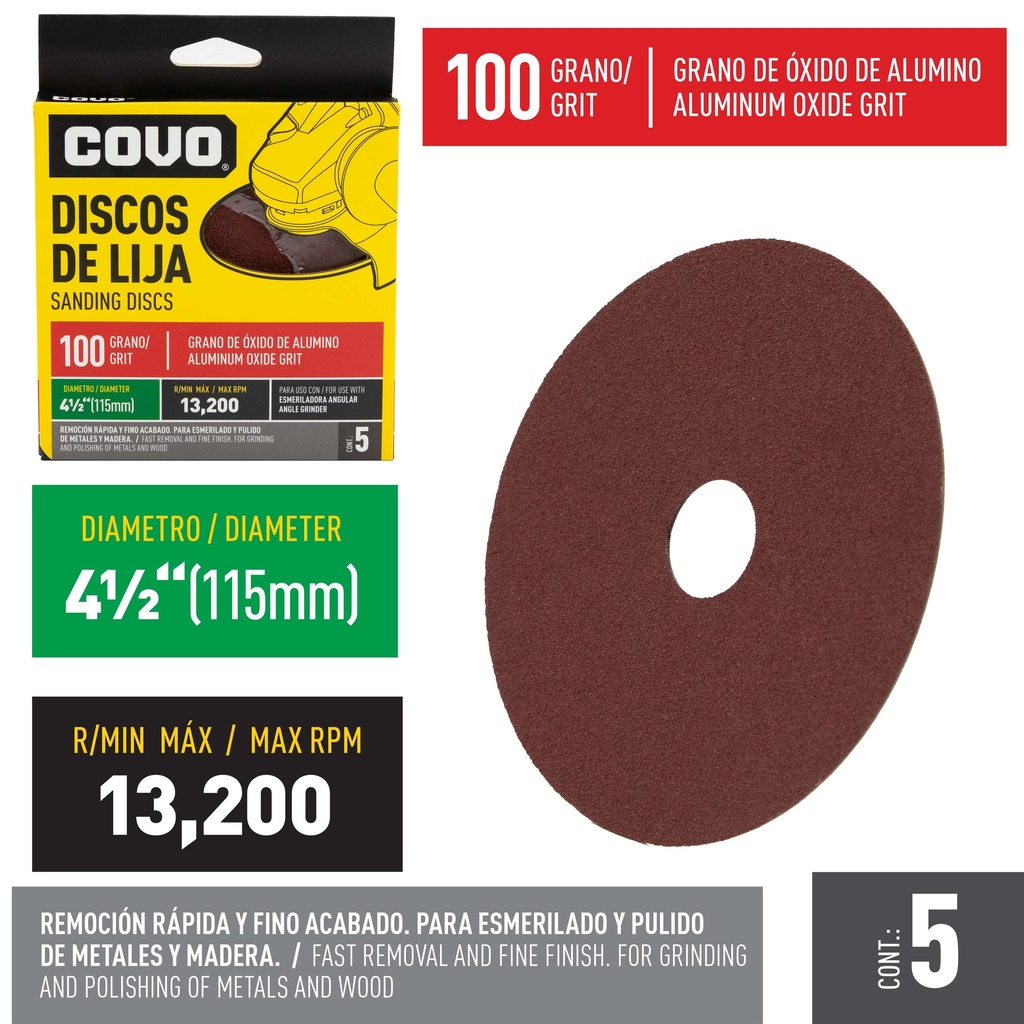 DISCO DE LIJA 4-1/2" GRANO 100 x 5 UNID  COVO 4-753