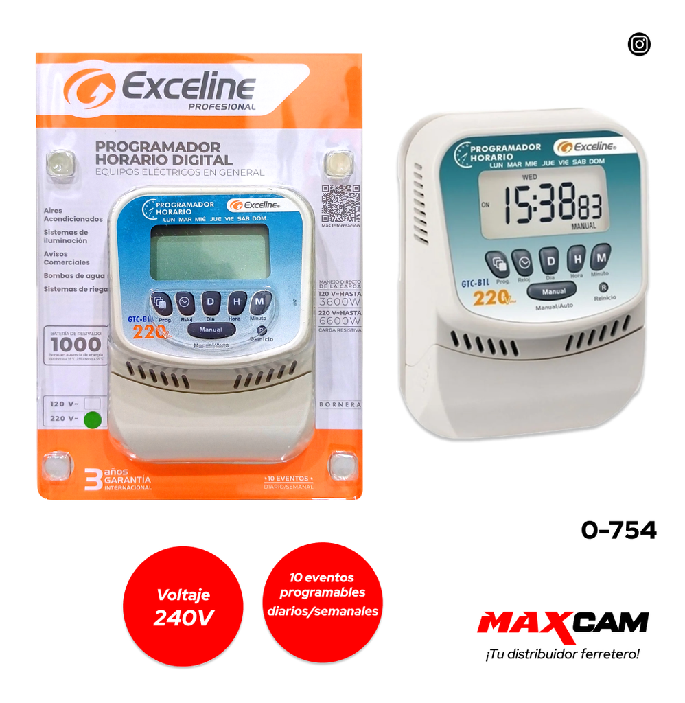 RELOJ PROGRAMADOR DIGITAL 220V EXCELINE 0-754