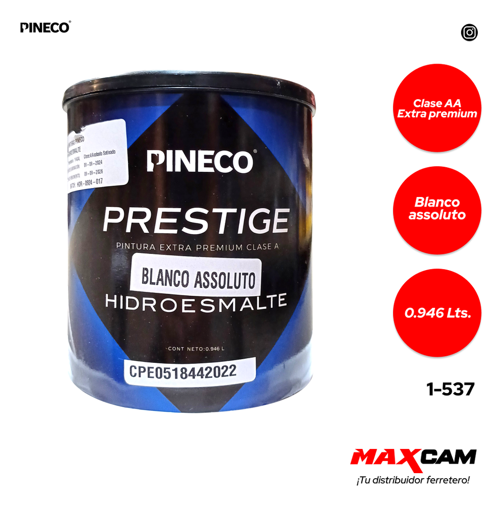 PINTURA CLASE A HIDROESMALTE BLANCO ASSOLUTO x 1/4 PINECO 1-537