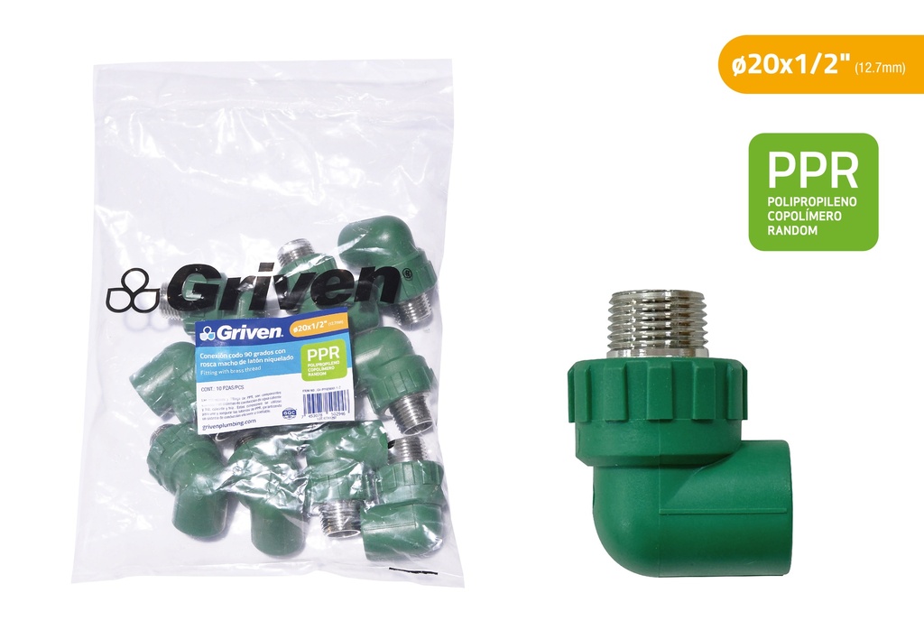 CODO PPR 90° 12,7MM x 1/2" C/MR MET GRIVEN 9-250