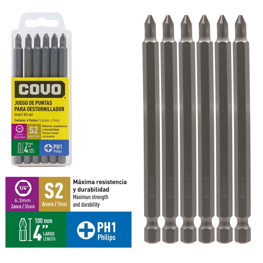 JUEGO DE PUNTAS PH1 4" X 6 PCS COVO 9-276