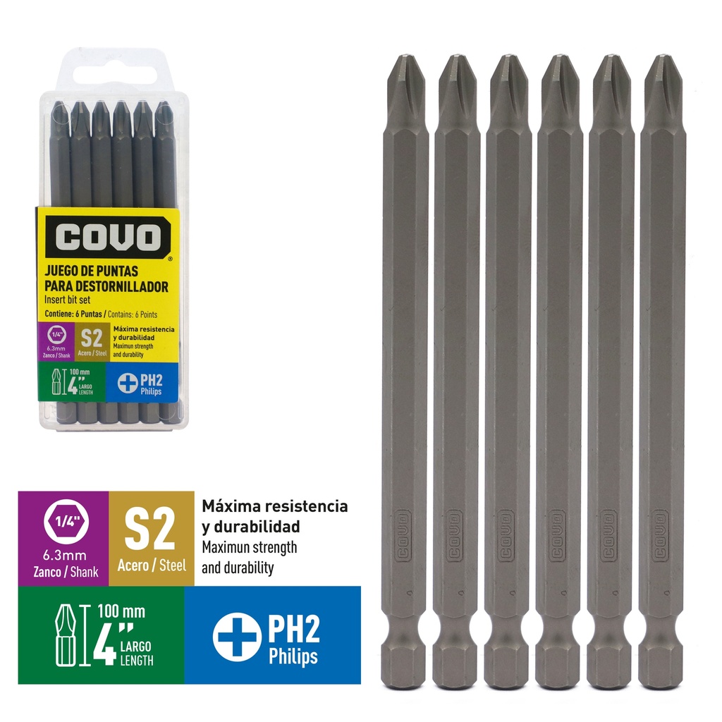 JUEGO DE PUNTAS PH2 4" X 6 PCS COVO 9-279