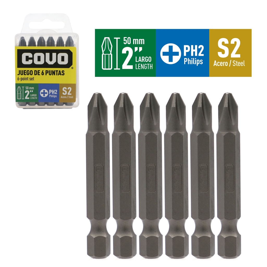 JUEGO DE PUNTAS PH2 2" X 6 PCS COVO 9-281