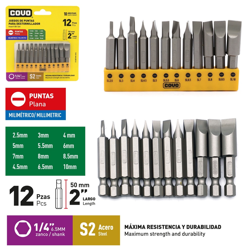 JUEGO DE PUNTAS PLANA 2" X 12 PCS COVO 9-285