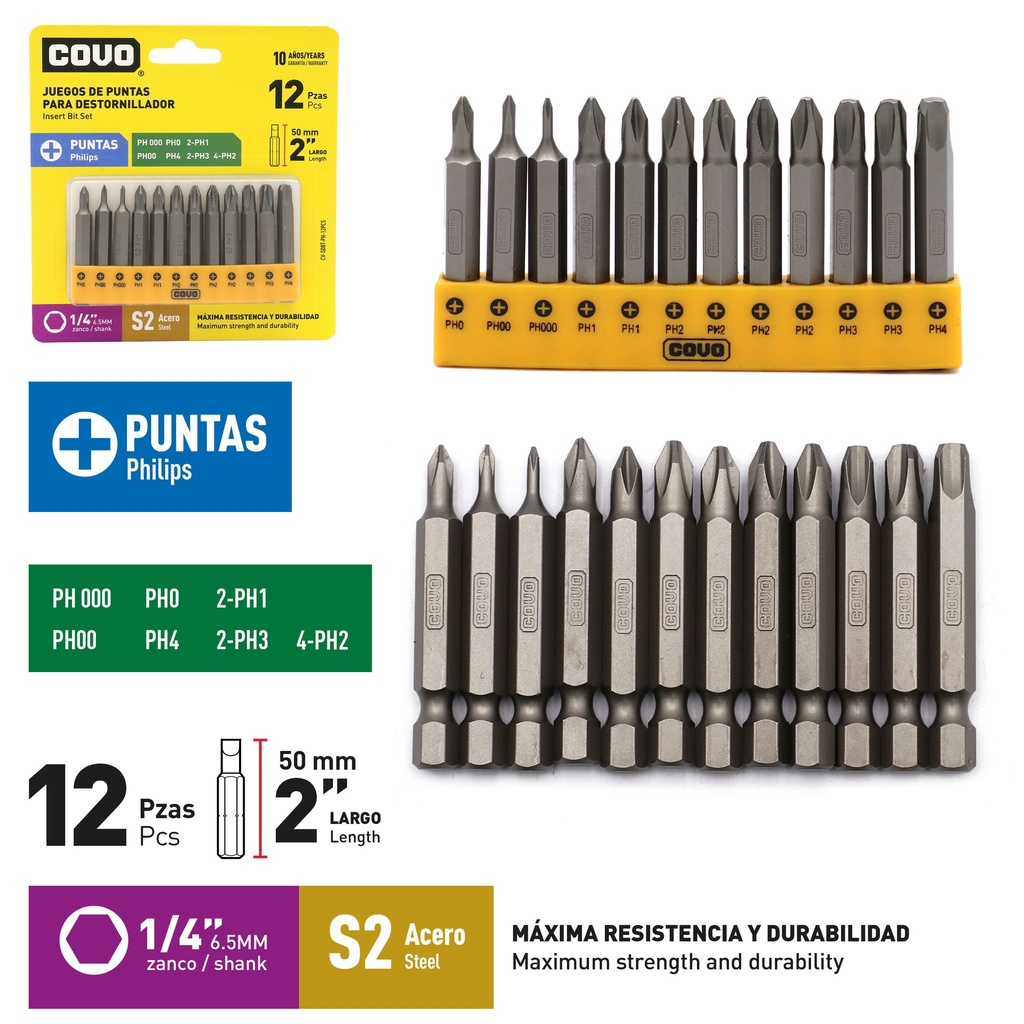 JUEGO DE PUNTAS ESTRIA 2" X 12 PCS COVO 9-286