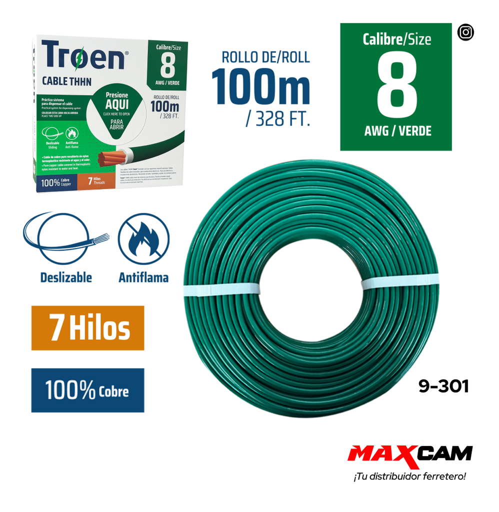 CABLE THHN 8 VERDE 100MTS 100% COBRE TROEN 9-301