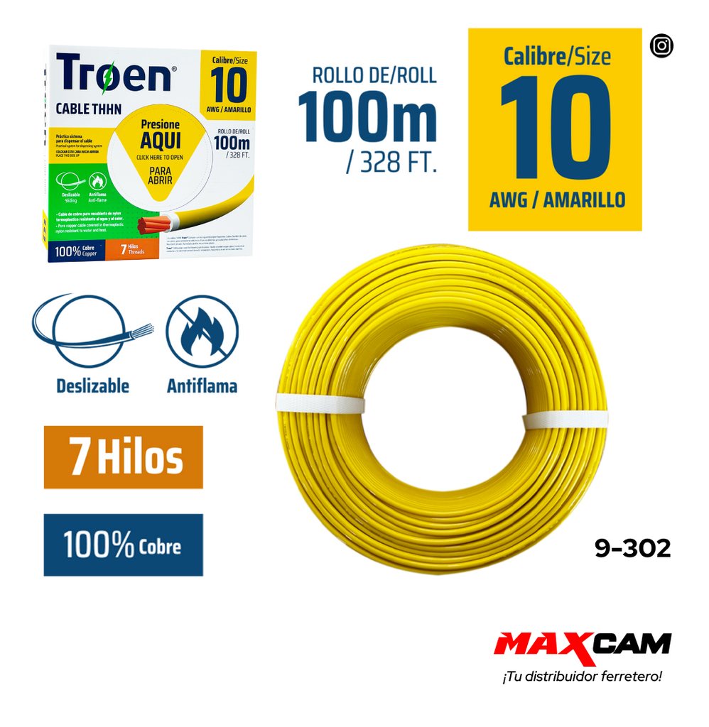 CABLE THHN 10 AMARILLO 100MTS 100% COBRE TROEN 9-302