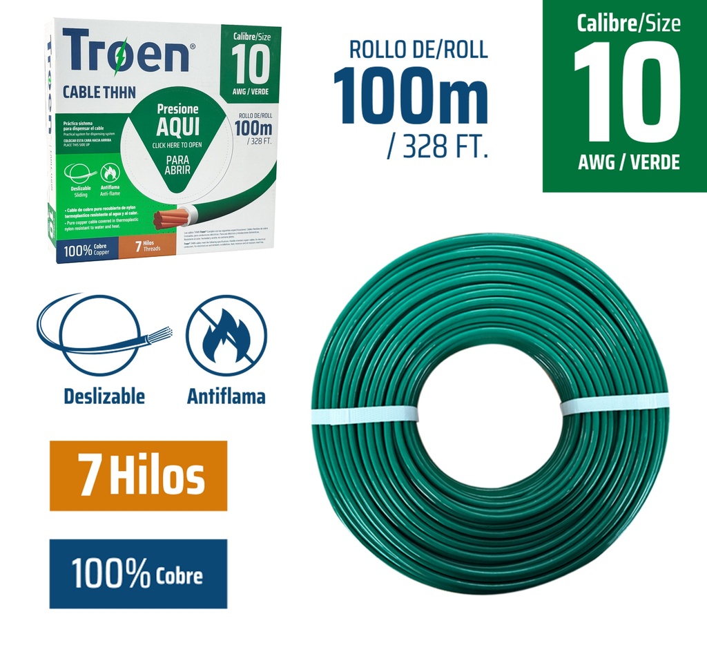 CABLE THHN 10 VERDE 100MTS 100% COBRE TROEN 9-303