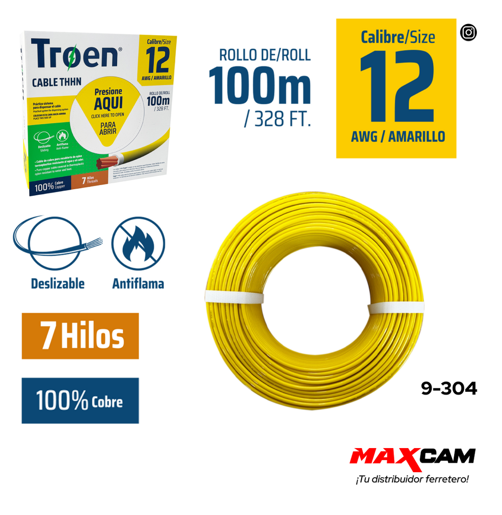 CABLE THHN 12 AMARILLO 100MTS 100% COBRE TROEN 9-304