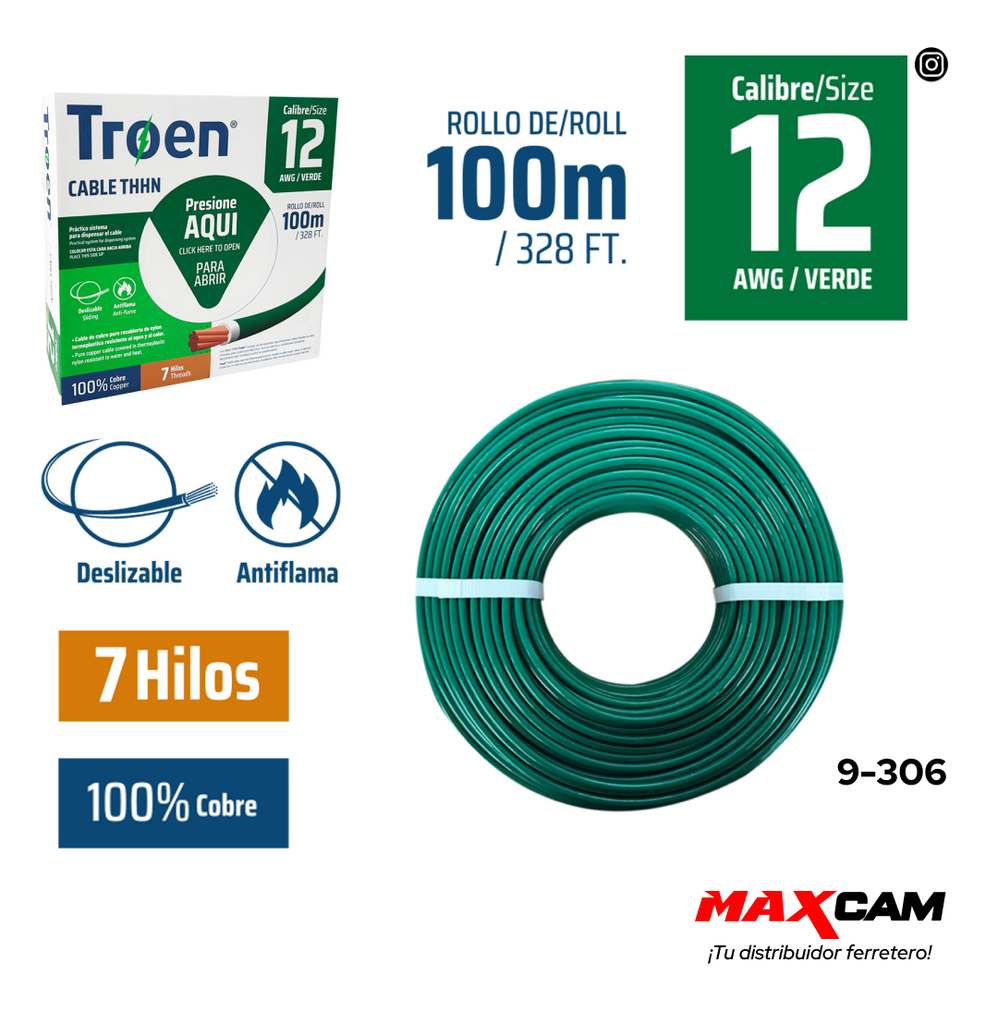 CABLE THHN 12 VERDE 100MTS 100% COBRE TROEN 9-306