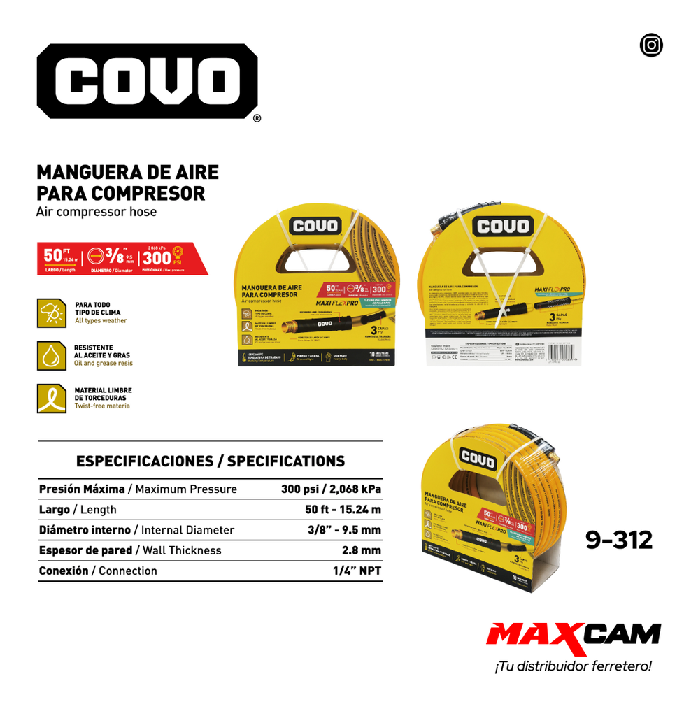 MANGUERA DE AIRE P/COMPRESOR 3/8" x 15.24 MTS COVO 9-312
