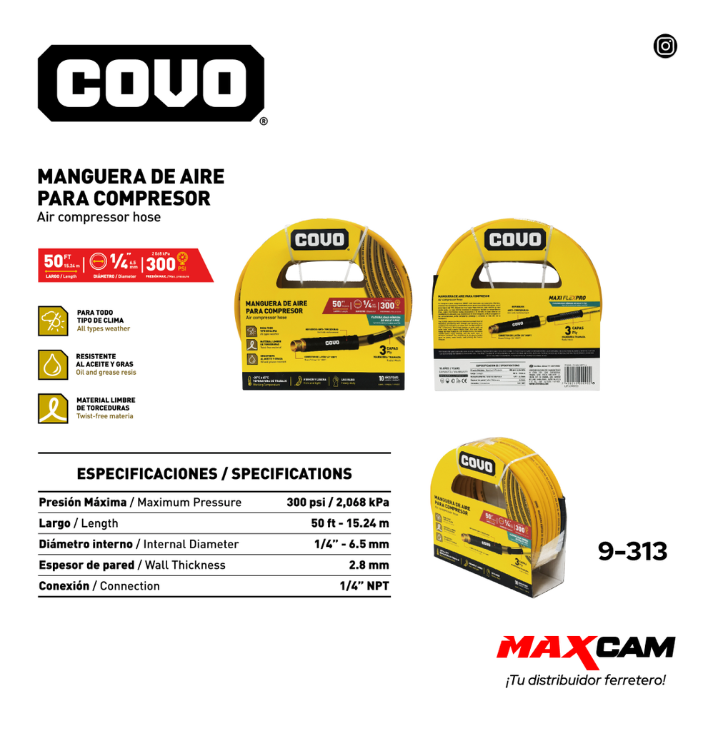 MANGUERA DE AIRE P/COMPRESOR 1/4" x 15.24 MTS COVO 9-313