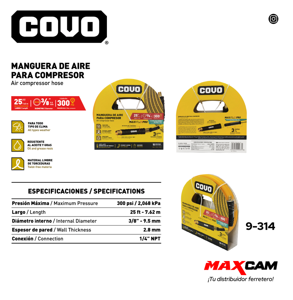 MANGUERA DE AIRE P/COMPRESOR 3/8" x 7.62 MTS COVO 9-314