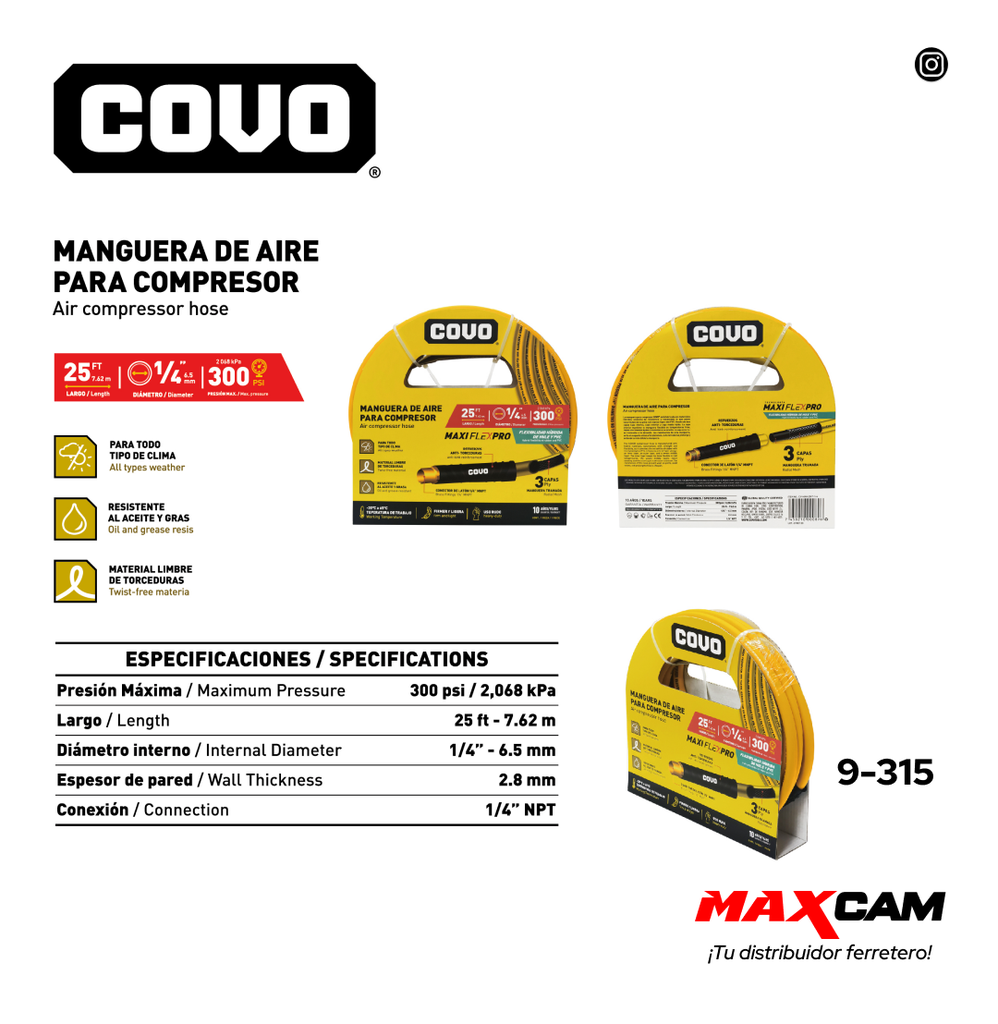 MANGUERA DE AIRE P/COMPRESOR 1/4" x 7.62 MTS COVO 9-315