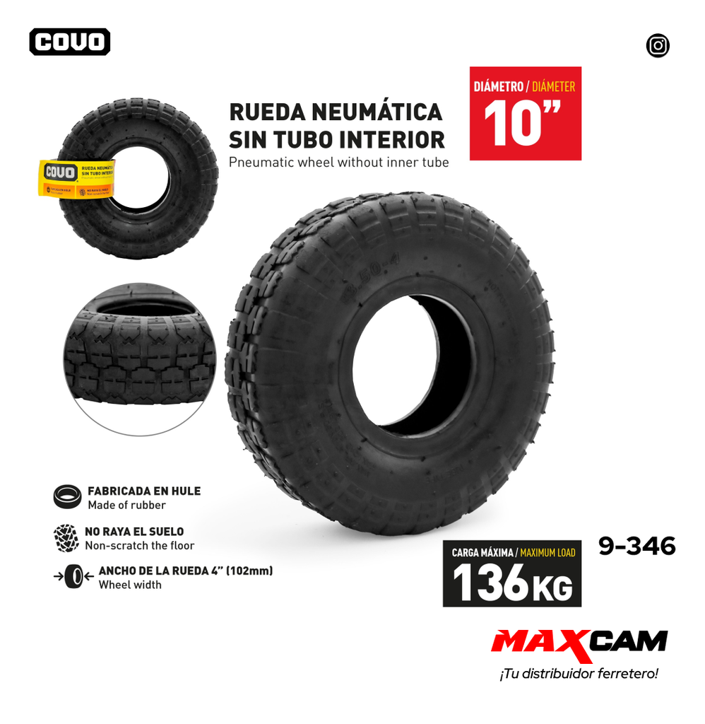 RUEDA NEUMATICA S/TUBO INTERIOR 10" COVO 9-346
