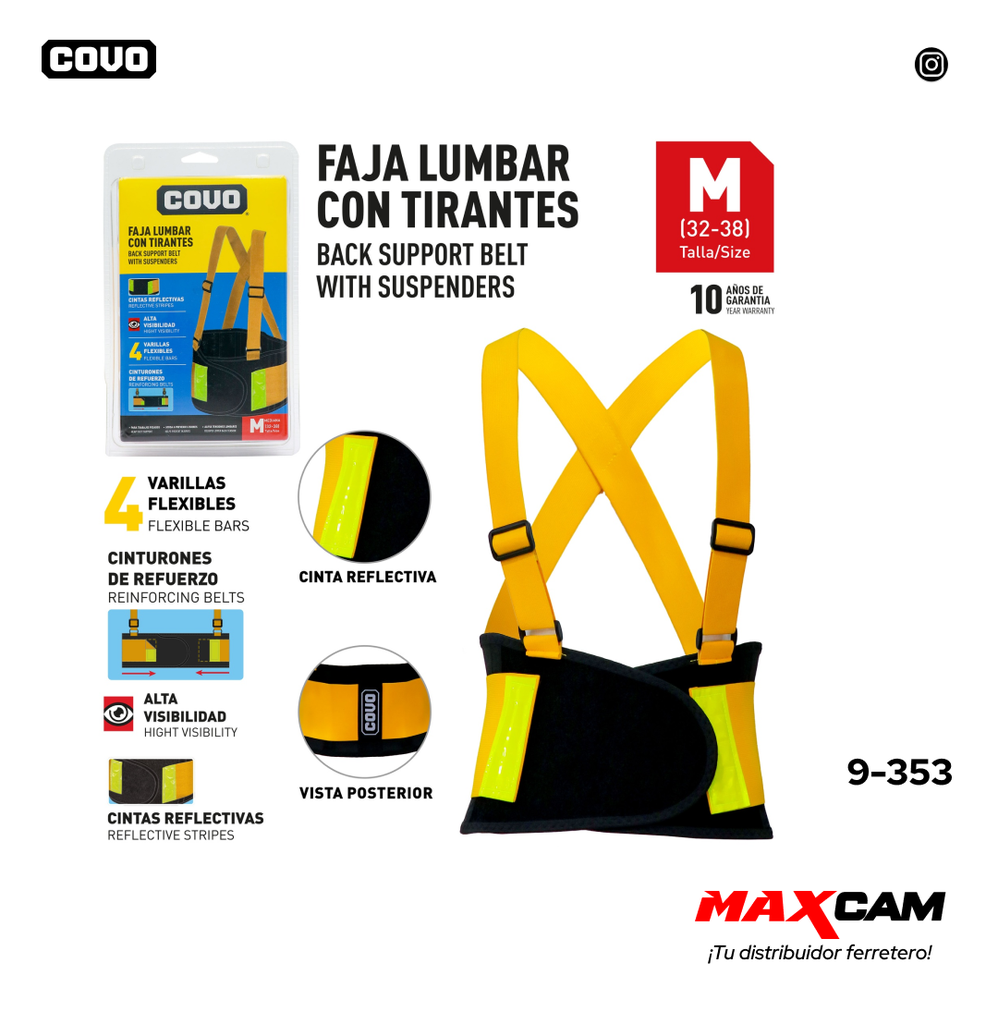 FAJA LUMBAR C/TIRANTES REFLECTIVO TALLA M COVO 9-353