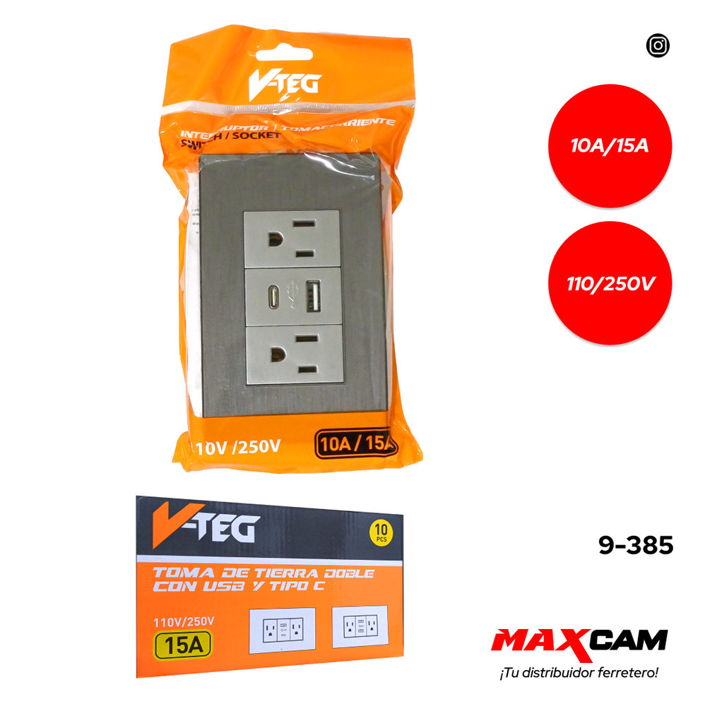 TOMA DOBLE C/TIERRA C/PUERTO USB + TIPO C GRIS V-TEG 9-385