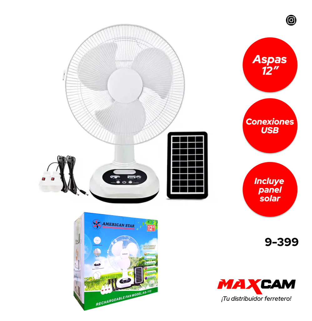 VENTILADOR RECARGABLE 12" C/PANEL SOLAR 9-399